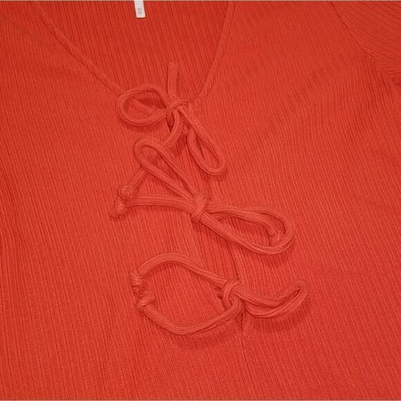 Free People Orange Ribbed Plunging Tie Boho Chic Vacation Short Sleeve Blouse - Picture 3 of 6